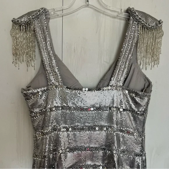 162. BASIX Black Label Silver Metallic Cochella Style Mini Dress •2 - Picture 16 of 16